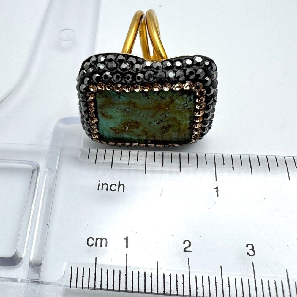 Turquoise Hematite Crystal 925 Silver Vermeil Statement Ring Size 7 Adjustable - Picture 5 of 11